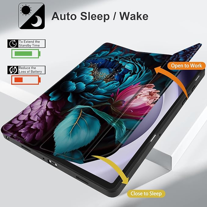 MEEgoodo Case for Samsung Galaxy Tab A9 Plus 11 inch Cover 2024 2023 with S Pen Holder, A9+ Smart Tablet Cases with Trifold Stand+Soft TPU Back Shell+Smart Auto Wake/Sleep, Beautiful Fantasy Flower