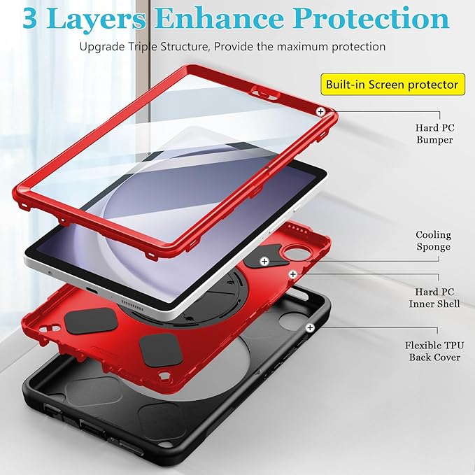 Case for Galaxy Tab A9 Plus 5G 2023: Heavy Duty TPU Cover for Samsung Tablet A9+ 11 Inch with Stand - Handle - Shoulder Strap -S-Pen Holder- Red Black