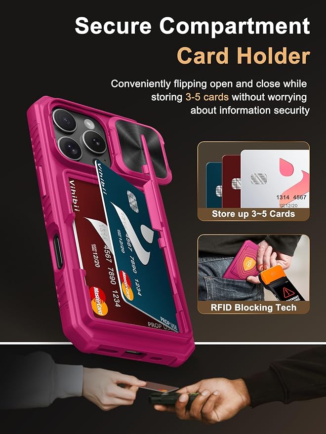 Vihibii for iPhone 16 Pro Case Wallet with Card Holder (4 Cards) [RFID Blocking] & Slide Camera Cover & Raised Edges Protect Screen, Shockproof Rugged Phone Cover for iPhone 16 Pro 5G 6.3" 2024, Pink