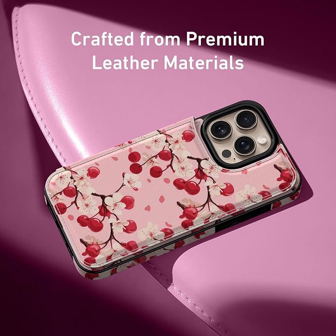 FUNMIKO for iPhone 16 Pro Max Wallet Case with Card Holder, RFID-Blocking, Military-Grade Protection & UV-Printed Artwork, Magnetic Closure with Leather Kickstand - Cherry Blossom