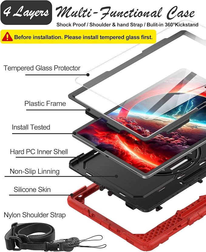 Case for Samsung Galaxy Tab S10 FE Plus 5G Tablet 13.1'', Shockproof Protective Cover with Tempered Glass Screen Protector, Rotatable Kickstand, S Pen Holder, Hand/Shoulder Strap, Red