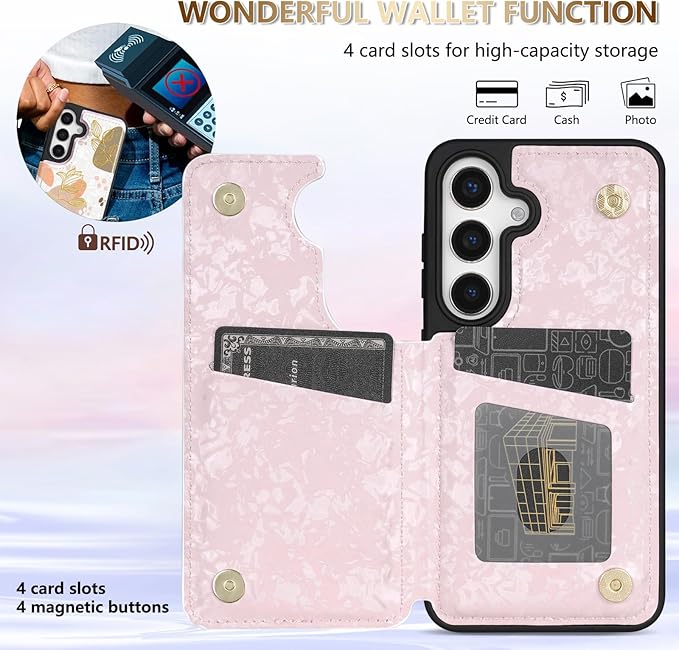 NNH Compatible with Samsung Galaxy S25 Wallet Case with RFID Blocking Card Slots Folio Flip PU Leather Kickstand Double Magnetic Clasp Design Cover for Galaxy S25(6.2 inch-Morandi Line Flower)