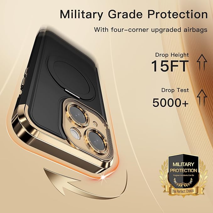 COOLQO for iPhone 15 Plus Case 6.7'' Upgraded 360° Spin Magnetic Stand [Compatible with Magsafe][Military Protection] Shockproof Protective Phone Holder Cover for iPhone 15 Plus, Black Gold