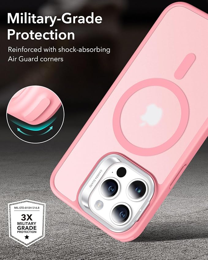 ESR for iPhone 15 Pro Max Case, Compatible with MagSafe, Military-Grade Protective Case, Built-in Stash Stand Phone Case, Scratch-Resistant Back Cover, Classic Series,Frosted Pink