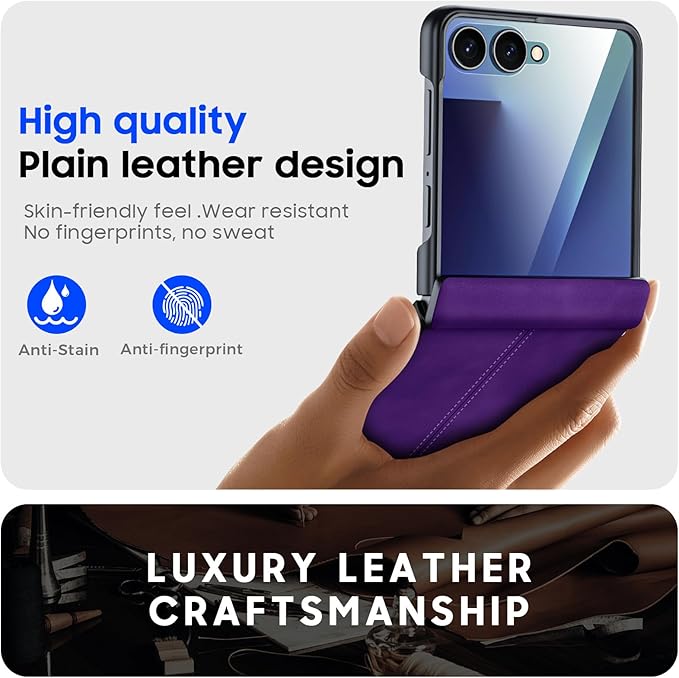 for Samsung Galaxy Z Flip 7 Case with Hinge Protection & Built-in Screen Protector, Ultra Thin Stylish Leather Matte PC Durable Shockproof Cover Phone Case for Galaxy Z Flip 7-Purple
