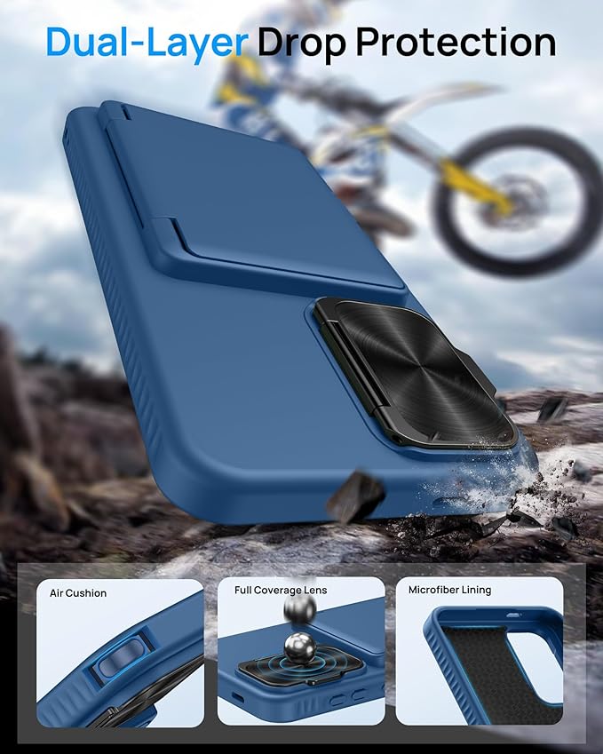 for Samsung Galaxy S24 Fe Case with Card Holder & Kickstand & Camera Lens Cover, Shockproof Rugged Silicone Raised Edge Protective Stand Wallet Phone Cover Case for Samsung S24 Fe 2024, Blue