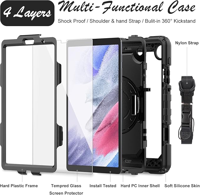 Case for Samsung Galaxy Tab A7 Lite 8.7-inch Tablet Case 2021 [with Tempered Glass Screen Protector], Rotatable Kickstand, S Pen Holder, Hand/Shoulder Strap (Black)