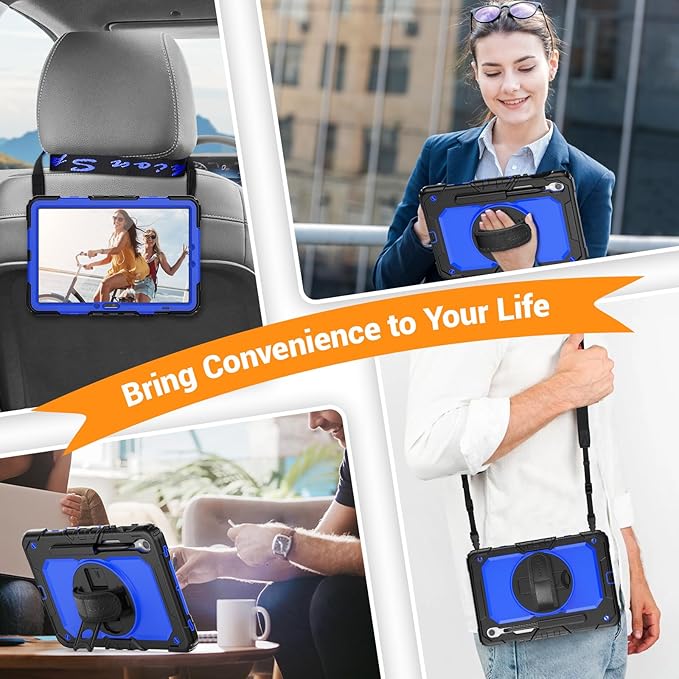SEYMAC Case for Samsung Galaxy Tab S10 Lite/ S10 FE/ S9 FE/ S9 5G (10.9''/11''), Heavy Duty Shockproof Protective Case with Screen Protector, Rotating Stand, Hand Strap and Pen Holder, Blue