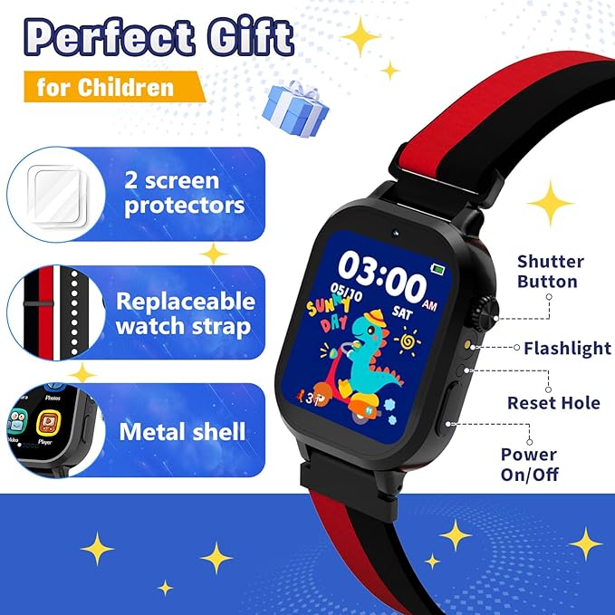 Vakzovy Kids Waterproof Smart Watch Girls Gift Age 3-12 with 39 Game HD Touch Screen Video Camera Music Player Pedometer Alarm Clock Birthday Gift for 6 7 8 9 Year Olds Black
