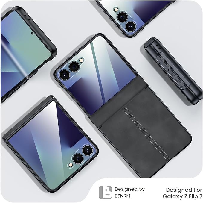 for Samsung Galaxy Z Flip 7 Case with Hinge Protection & Built-in Privacy Screen, Ultra Thin Stylish Leather Matte PC Durable Shockproof Cover Phone Case for Galaxy Z Flip 7-Black