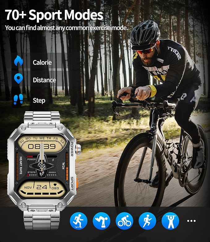 LIGE Military Smart Watches for Men, 1.96'' HD Screen with Answer Make Call Smart Watch for iOS Android Phone, Fitness Tracker with Heart Rate/Sleep Monitor, 5ATM Waterproof, Silver