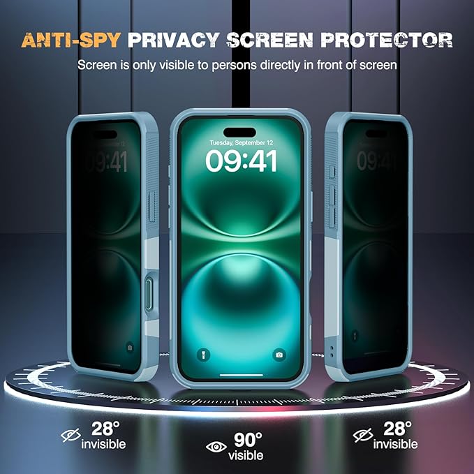 Diaclara Designed for iPhone 16 Case, [with Privacy Screen Protector] [Anti Spy] [Military Grade Drop Protection] Heavy Duty Full-Body Shockproof Phone Case, Magnetic Green