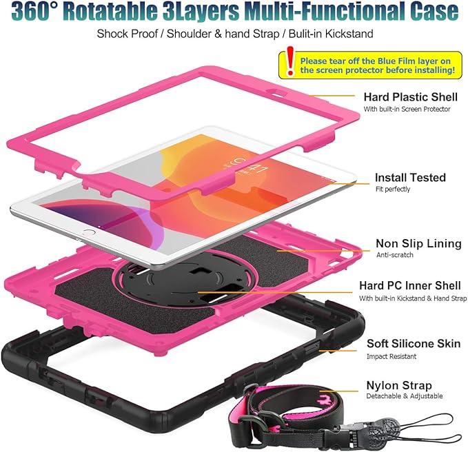 SEYMAC stock Case for iPad 9th/ 8th/ 7th Generation 10.2'', Shockproof with Screen Protector, Pencil Holder [360° Rotating Hand Strap] & Stand, for iPad 10.2 inch 2021-2019 (Rose+Black)