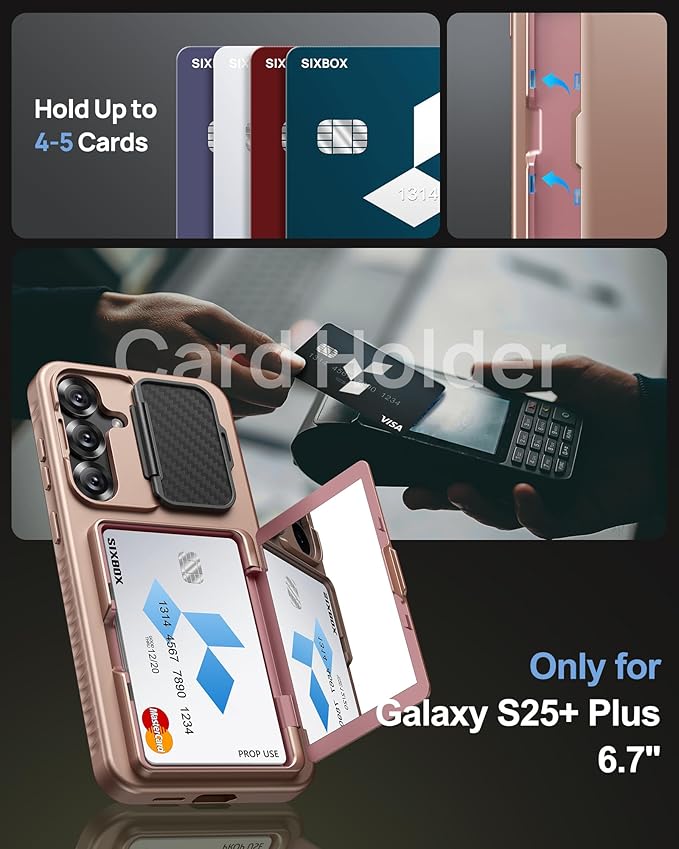 for Samsung Galaxy S25+ Plus Case with Card Holder & Camera Lens Cover Stand, Military Grade Drop Protection Shockproof Rugged Stand Wallet Protective Phone Case for S25+ Plus 2025, Rose Gold
