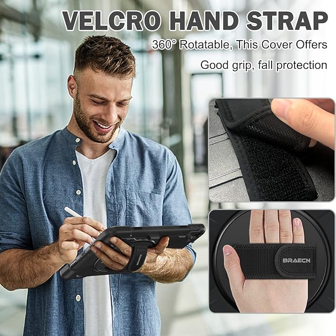 BRAECN for iPad Air 3 10.5 Case 2019,iPad Pro 10.5 Case 2017- Heavy Duty Shockproof Case Cover with Pencil Holder,Rotating Stand/Hand Strap,Carrying Shoulder Strap Fit iPad Air 3rd Gen 10.5-Black