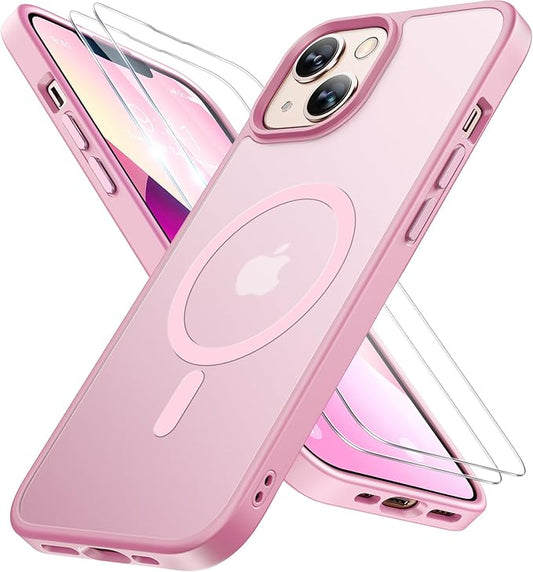Miracase Magnetic for iPhone 13 Case 6.1 inch (Compatible with MagSafe)（with 2X Screen Protectors） Military-Grade Protection, Anti-Fingerprint Translucent Matte Phone Case Cover, Mes Pink