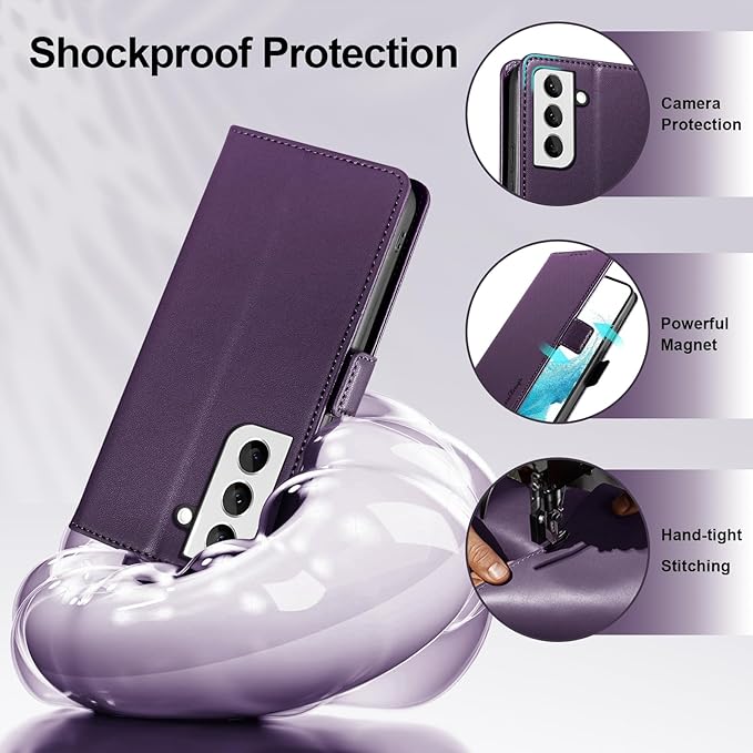 Wallet Flip Case for Samsung Galaxy S22 5G - [RFID Blocking] Luxury PU Leather Card Holder Magnetic Phone Cover with Kickstand,Shockproof Protective Case,Purple