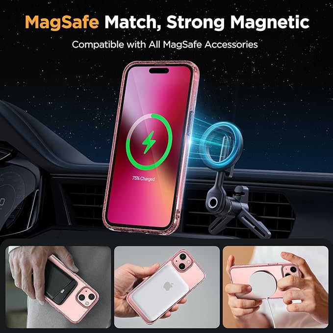 Miracase Magnetic for iPhone 13 Case 6.1 inch (Compatible with MagSafe)（with 2X Screen Protectors） Military-Grade Protection, Anti-Fingerprint Translucent Matte Phone Case Cover, Glitter Pink