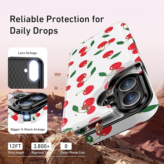 FUNMIKO for iPhone 16 Wallet Case with Card Holder, RFID-Blocking, Military-Grade Protection & UV-Printed Artwork, Magnetic Closure with Leather Kickstand - Juicy Cherries