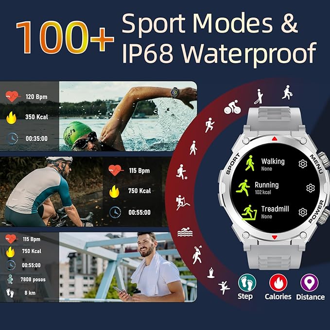 Military Smart Watch for Men (Answer/Make Call), 1.52" HD Smartwatch for Android Phones/iPhone, 100+ Sport Mode Fitness Tracker with Heart Rate, SpO2, Stress and Sleep Monitor, IP68 Waterproof