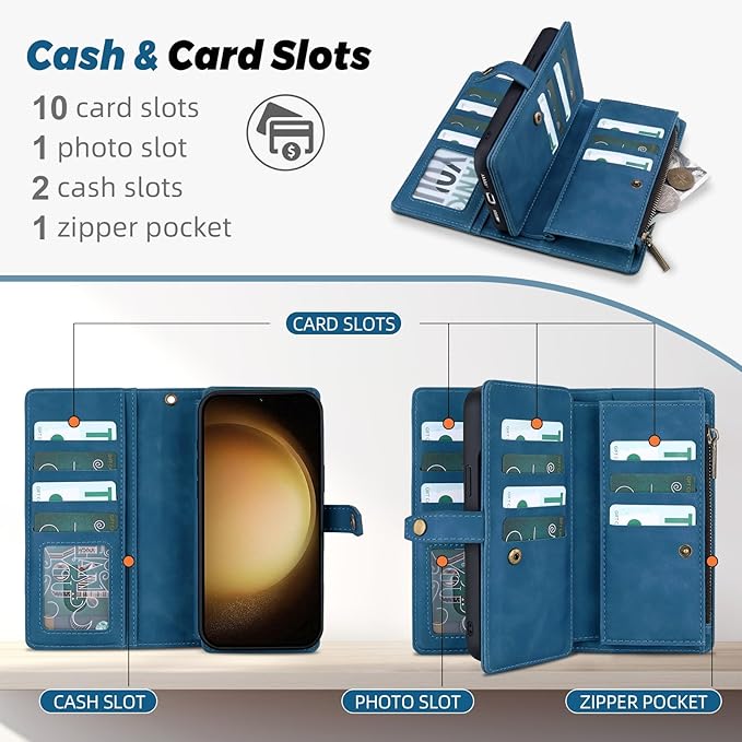 TwoHead for Samsung Galaxy S23 Plus Wallet Case with Card Holder,Detachable Magnetic Phone Case for Galaxy S23 Plus,PU Leather All-Round Protective Phone Cover Wallet with Strap(6.6 in,Navy Blue)