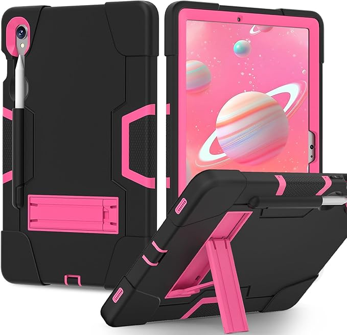Case for Galaxy Tablet S9 FE & S9 2023 (SM-X710/X718U/X716B/X510/X516B), Soft Silicone & Hard Pc 3-Layer Military Protector Cover for Tab S9 11" with S-Pen Holder Stand case Black+Rose Red