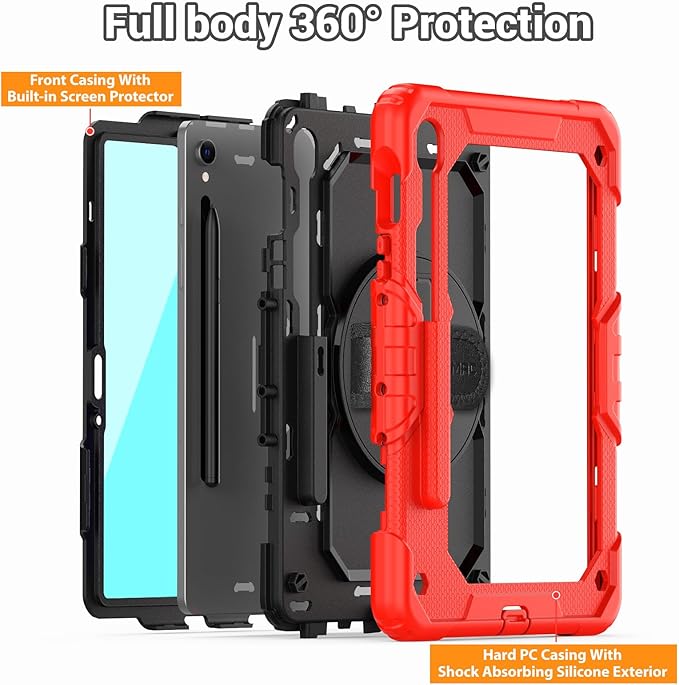 SEYMAC Case for Samsung Galaxy Tab S10 Lite/ S10 FE/ S9 FE/ S9 5G (10.9''/11''), Heavy Duty Shockproof Protective Case with Screen Protector, Rotating Stand, Hand Strap and Pen Holder, Red