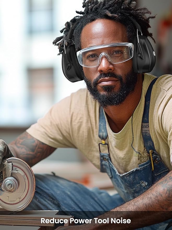 Dr.meter Hearing Protection Ear Muffs, 31dB Noise Reduction Safety Earmuffs with Adjustable Headband for Adults Kids Autism Sensory, Ear Muff for Yard Work, Mowing or Hunting -Pure Black