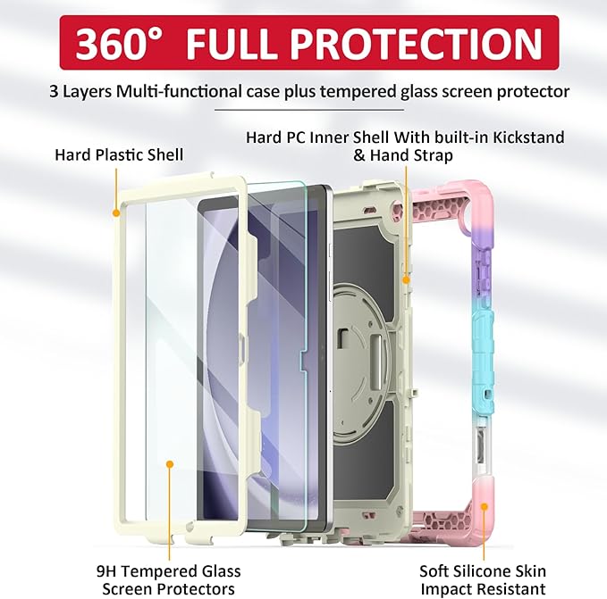 Ambison Case for Samsung Galaxy Tab A9+ Plus 11'' 2023, [Kids Proof] Full Body Protective Case with 9H Tempered Glass Screen Protector, 360° Rotatable Kickstand & Hand Strap (Light Pink)
