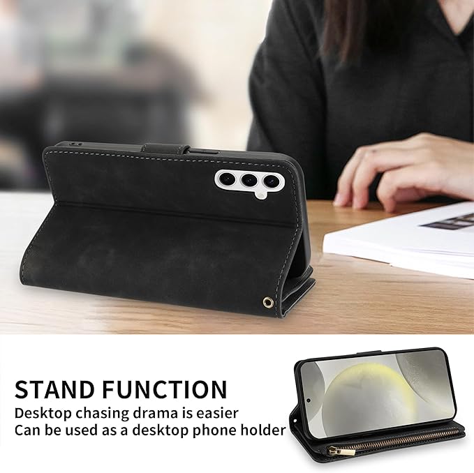 ZZXX for Samsung Galaxy S24 Wallet Case with RFID Blocking Card Slot PU Leather Zipper Flip Folio with Strap Kickstand Protective Cover for Samsung Galaxy S24 Case Wallet(Black-6.2 inch)