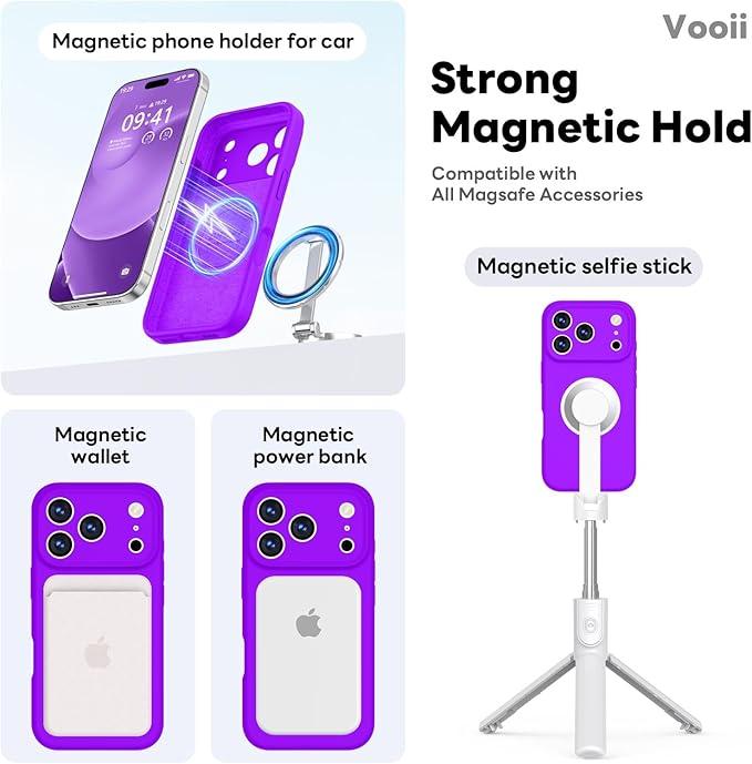 Vooii Magnetic Compatible with iPhone 17 Pro Case (Compatible with Magsafe) (Upgraded Camera Protection) Liquid Silicone Shockproof Full Body Protective Phone Cover for Women Men, Neon Purple, 6.3”