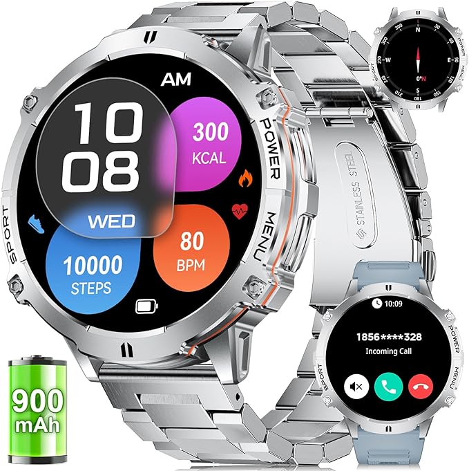 LIGE Smart Watches for Men Answer/Make Calls,1.75" Display Fitness Tracker with Compass Altitude and Barometric Pressure 900mAh Sleep Monitor 110+Sport Modes for Android iOS Smartwatch(Silver)