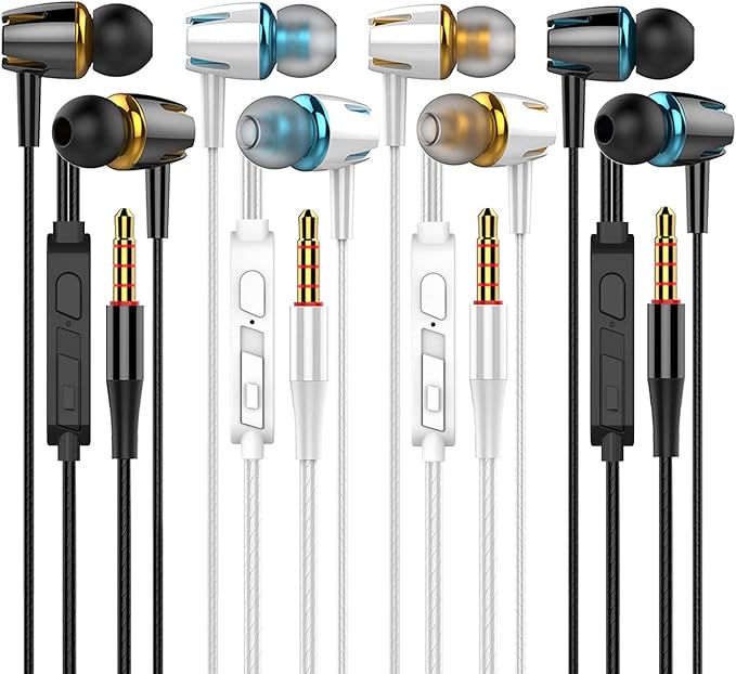 YNR 4 Packs Wired Earbuds with Microphone & Volume Control, in-Ear Earphones for School, Noise Islating, for 3.5mm Jack iPhone iPad iPod Samsung Google Devices (Black White)