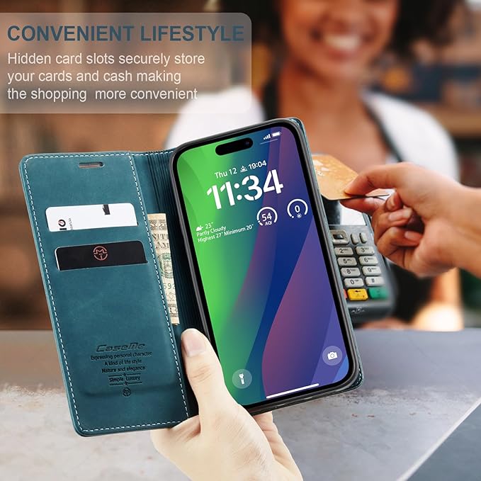 for iPhone 15 Plus Case, Flip Wallet Leather Case with Card Holder Magnetic Closure Shockproof Kickstand Protective Phone Cases Cover for iPhone 15 Plus, Blue-Green