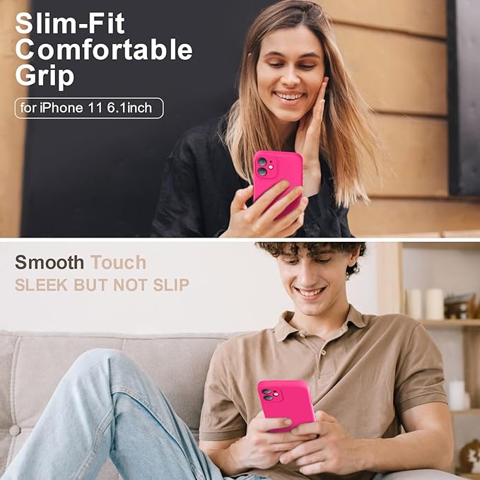 Vooii Compatible with iPhone 11 Case, Upgraded Liquid Silicone with [Flat Edges] [Camera Protection] [Soft Anti-Scratch Microfiber Lining] Phone Case for iPhone 11 6.1 inch - Hot Pink