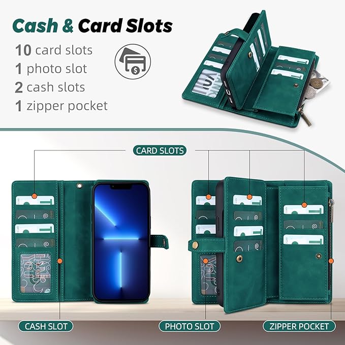 TwoHead for iPhone 13 Pro Wallet Case with Card Holder & Detachable Magnetic Phone Case, PU Leather Shockproof Protective Cover,Wrist Strap(6.1 in,Green)