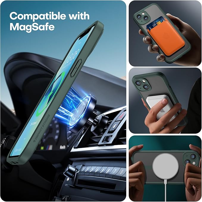 ImpactStrong Magnetic Guard Designed for iPhone 13 Case [Camera Protection] [Military Grade Drop Tested] [Compatible with MagSafe] Slim Translucent Matte Phone Case (6.1") - Dark Green