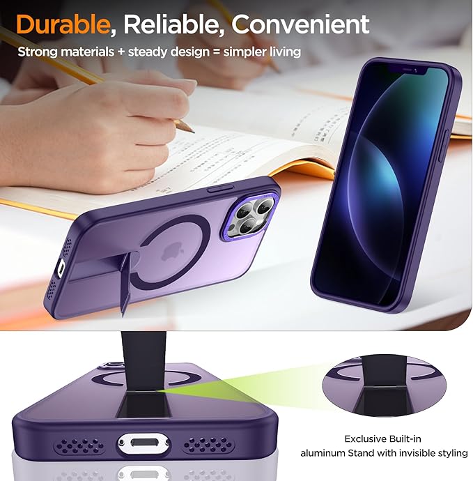 for iPhone 14 Pro Case with Kickstand, Compatible with MagSafe, [Invisible Stand] Anti-Slip Shockproof Military-Grade Protection, Magnetic Translucent Phone Case for iPhone 14Pro (Purple)