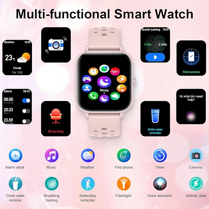Smart Watch for Women Men (Answer/Make Calls) 1.83" HD Smartwatch Compatible Android iOS Phones with Fitness Running Step Counter/Heart Rate/Sleep, 120+ Sports Modes IP68 Waterproof, Pink/3 Bands