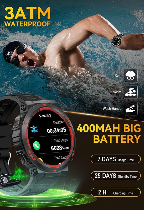Military Smart Watch for Men with LED Flashlight Tactical Smart Watch 1.53”HD Screen Rugged Smartwatch 3ATM Waterproof 100+ Sports Fitness Tracker with Heart Rate Monitor for iOS Android