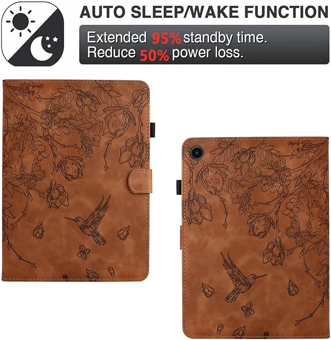 KEROM Case for Samsung Galaxy Tab A9+ Plus 11 Inch 2024 2023 (SM-X210/X216/X218), Embossed Suede Leather Folio Stand Cover with Auto Wake/Sleep & Card Slot & Pen Holder - Brown Bird Flower Embossing