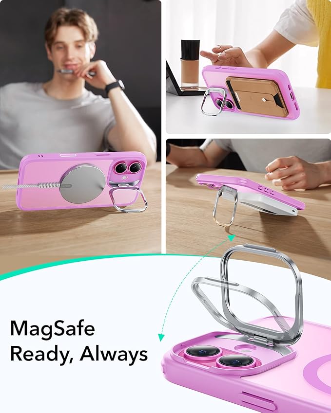 ESR for iPhone 16 Plus Case, Camera Control Button Compatible with MagSafe, Military-Grade Protective Case, Built-in Stash Stand Phone Case, Scratch-Resistant Back Cover, Classic Series, Frosted Pink