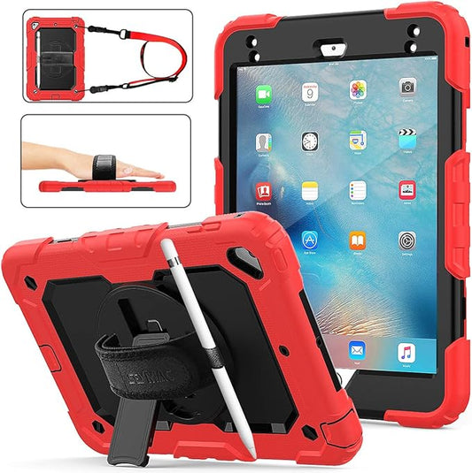 SEYMAC stock Case for iPad mini 5/4 with Screen Protector Pencil Holder [360 Rotating Hand Strap] & Stand, Drop-Proof Case for iPad mini 5th/4th Generation 7.9 inch (Black+Red)