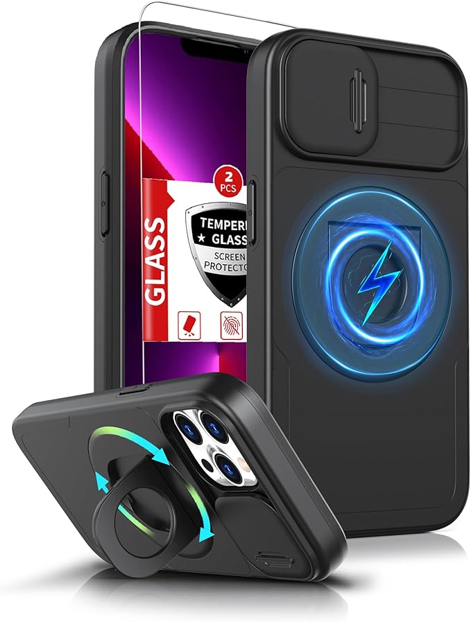 for iPhone 13 Pro Max Case Compatible with MagSafe Magnetic,with 2 Screen Protector,with Camera Cover&360°Kickstand Ring,Military Grade Drop Shockproof Heavy Duty Protection Phone Bumper Black