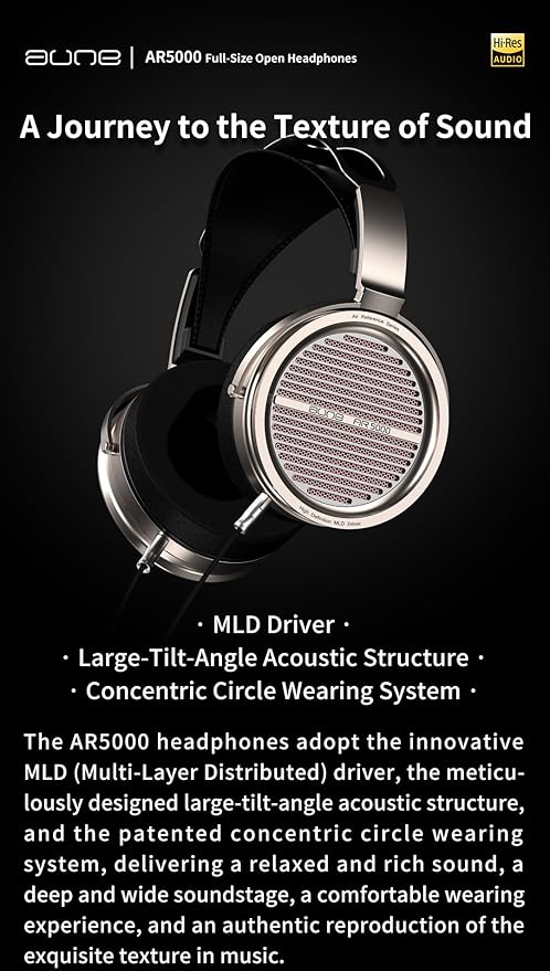 Aune AR5000 Full-Size Open-Back Headphones with MLD Driver, Dynamic Driver, Detachable Cable, Over-Ear HiFi Hi-Res Audiophile Headphones for HiFi System, Home Audio, DAP (AR5000 EU)