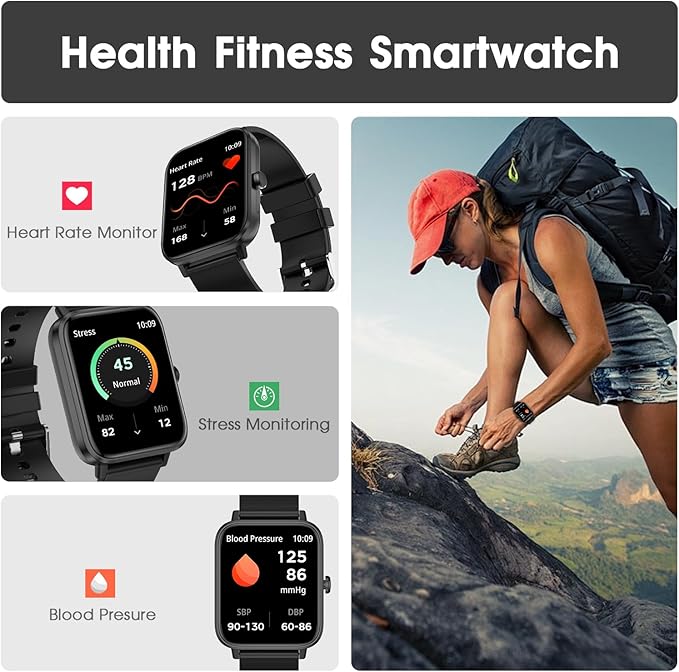 Smart Watch (Answer/Make Call): 1.85" Waterproof Fitness Trackers with 24-Hours Blood Pressure Heart Rate SpO2 Sleep Monitor Watches for Men Women, iPhone Android Compatible (Stone Black)