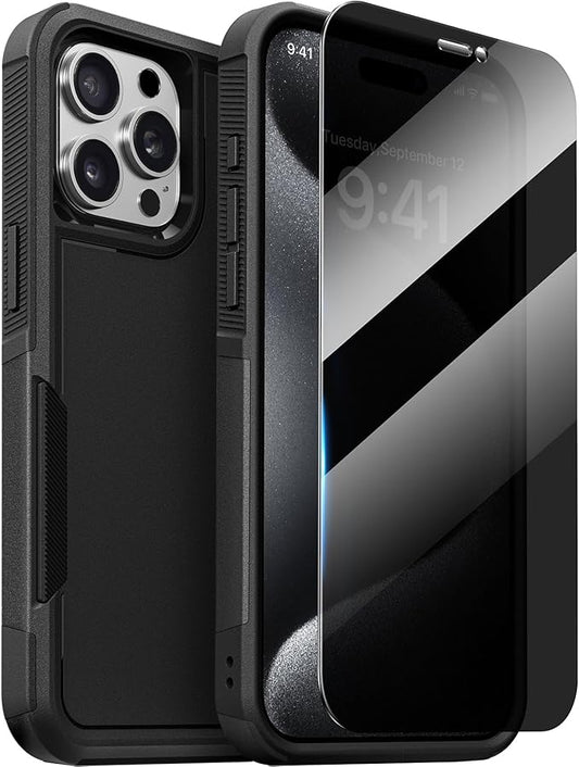 Diaclara Designed for iPhone 15 Pro Case, [with Privacy Screen Protector] [Anti Spy] [Military Grade Drop Protection] Heavy Duty Full-Body Shockproof Phone Case, Black
