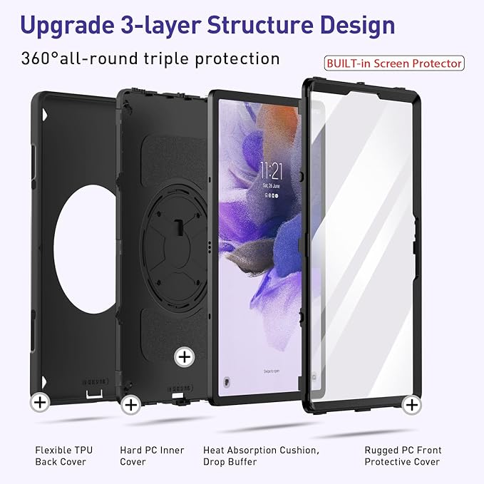 Case for Galaxy Tab S7 FE/S7 Plus/S8 Plus 12.4 INCH: TPU Protective Cover for Samsung Tablet S7 FE/S7 Plus/S8 Plus 12.4 with Screen Protector-Stand- Handle + Shoulder Strap-S-Pen Holder- Black