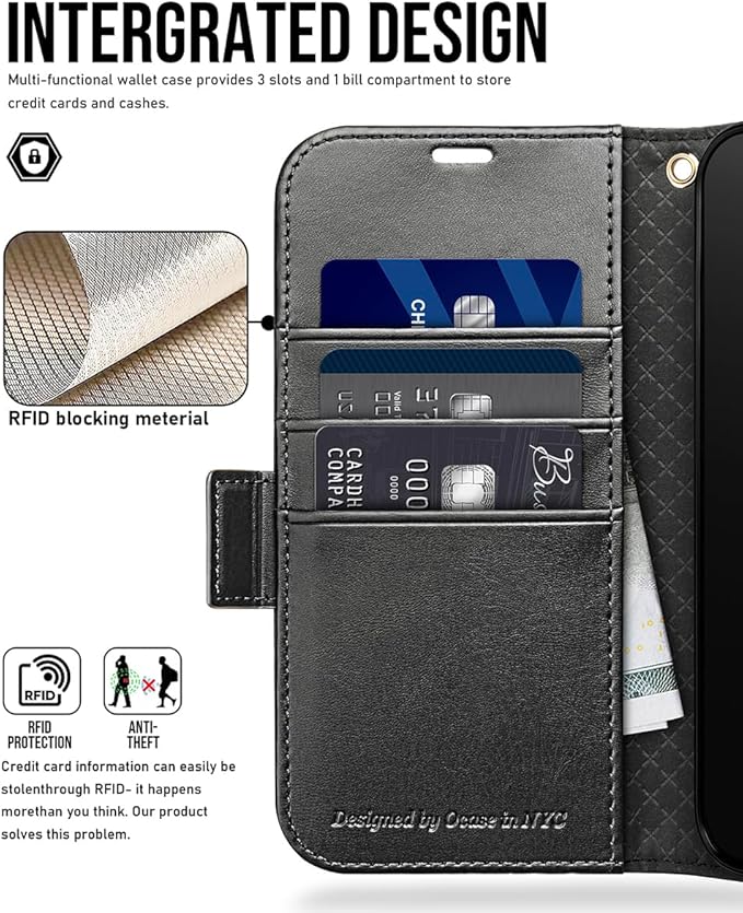 OCASE Compatible with iPhone 15 Wallet Case, PU Leather Flip Folio Case with Card Holders RFID Blocking Kickstand [Shockproof TPU Inner Shell] Phone Cover 6.1 Inch 2023, Retro Black