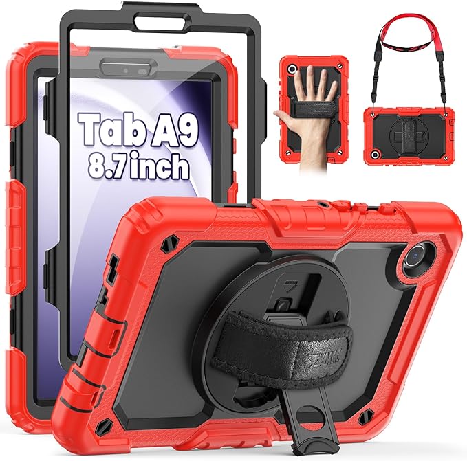SEYMAC for Samsung Galaxy Tab A9 Case 8.7 Inch 2023 (SM-X110/X115/X117), Heavy Duty Shockproof Protective Case with Screen Protector, Rotating Stand, Hand/Shoulder Strap and Pen Holder, Red